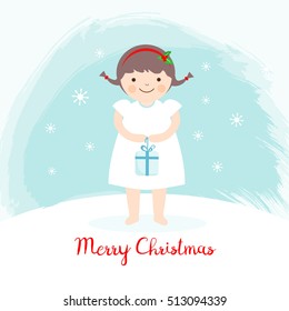 Little girl with a Christmas present. Christmas greeting card, vector illustration