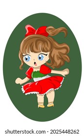 Little girl in Christmas skirt and red ribbon