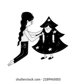 the little girl in a Christmas tree costume. mother sews a costume for the kid. christmas party. holiday black and white vector illustration.