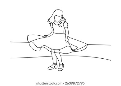 Little girl in a circle skirt line drawing illustration