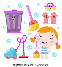 Little Girl Cleaning activity with tool Cute Cartoon. Children Vector Template Design Illustration