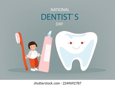 Little Girl cleaning big tooth . National dentist day horizontal banner.Vector doodle cartoon illustration.