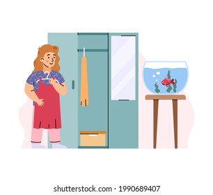 Little girl cleans her room and hangs clothes in closet, cartoon vector illustration isolated on white background. Children daily routine and householding chores.