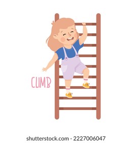 Little Girl Climbing Ladder Demonstrating Vocabulary and Verb Studying Vector Illustration