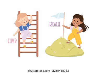 Little Girl Climbing Ladder and Reaching Mountain Peak Demonstrating Vocabulary and Verb Studying Vector Set
