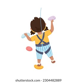 Little Girl Climbing Wall Crawling Up Equipped with Rope Gripping to Ledges Back View Vector Illustration