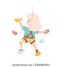 Little Girl Climbing Wall Crawling Up Equipped with Rope Gripping to Ledges Back View Vector Illustration