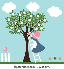 Little girl climbs the ladder to land a bird on a tree. Vector illustration.