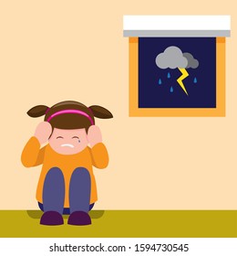 little girl close ear scary of lightning in rainy day, phobia, children scene in rain season. cartoon flat illustration vector