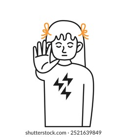 Little girl with closed eyes showing stop gesture color line vector icon. Child saying no to violence and discrimination character illustration