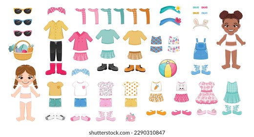 Little girl clothes. Little funny character with garments. Paper doll for children play. Fashionable constructor. Seasonal jackets, coats, dresses and shoes vector