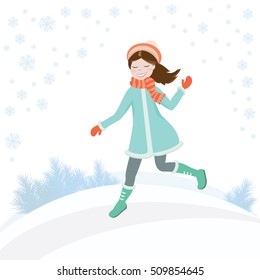 Little girl in a coat and hat runs through the snow on a winter background with snowflakes. Vector illustration
