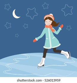 Little girl in coat skates at rink under stars. Skating. Winter sport. Vector illustration