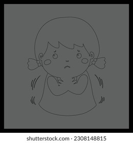 Little girl with a cold shivering outline vector cartoon.