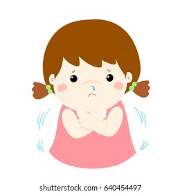 Little girl with a cold shivering vector cartoon illustration.