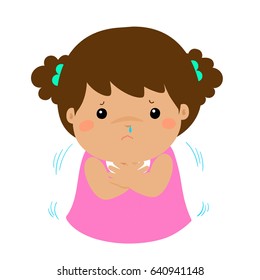 Little girl with a cold shivering vector cartoon illustration.