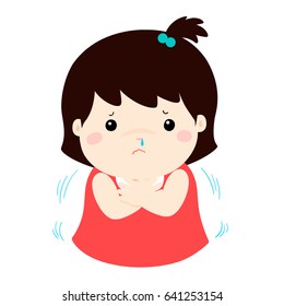 Little girl with a cold shivering vector cartoon illustration.