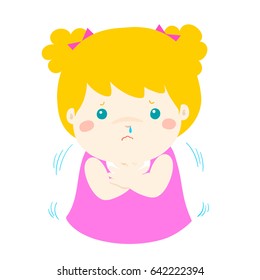 Little girl with a cold shivering vector cartoon illustration.