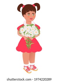 Little girl collects daisies. The season is spring, summer. The concept of recreation, entertainment, celebration of any event. Vector. Can be used for collages, web design. Cartoon style.