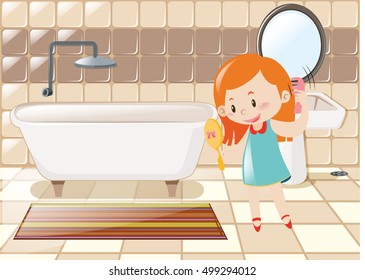 Little girl combing hair in bathroom illustration