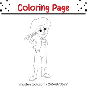 little girl combing hair coloring book page for kids