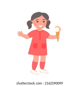 Little girl with cone and three balls of ice cream vector illustration. Child in red dress smiling and enjoying eating of ice cream.