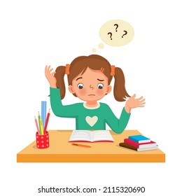 little girl confused having problems when doing her difficult math homework at the desk