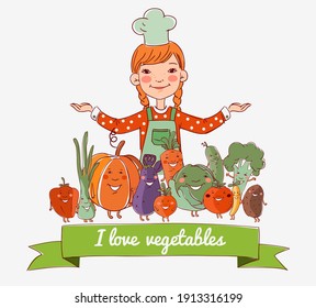Little girl cook with fresh vegetables