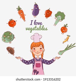 Little girl cook with fresh vegetables