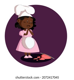 little girl cook in a white hat and apron serves a cake
