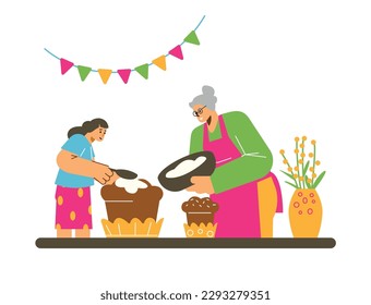 Little girl cooking Easter cake together with granny, flat vector illustration isolated on white background. Elderly woman helps granddaughter to bake cake. Easter holiday preparation and celebration.