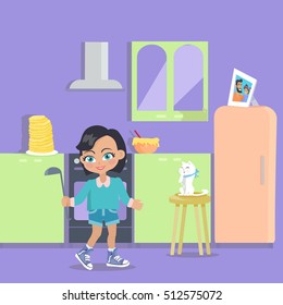Little girl cooks dinner at home. Young lady with soup ladle at the kitchen. Adorable lady feeds cat with spoon. Girl cooks pancakes in flat style design. Surprise at breakfast. Vector illustration