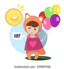 Little Girl in Costume Fox with Balloons. Vector. Smiling Sun. For greeting cards, invitations for wedding, birthday and party. Girl in purple dress with heart. 