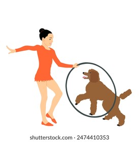 Little girl in costume plays with a dog vector illustration isolated on white background. Dog jumps through a hoop funny game circus attraction. Public entertainment. Animator show exhibition with pet