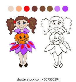 Little girl in a costume of vampire holding a pumpkin in her hand. vector isolated illustration on white background  for coloring children book. 
