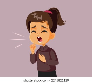 Little Girl Coughing Feeling Sick Vector Cartoon Illustration. Child suffering pulmonary complications after pneumonia flu diagnosis 
