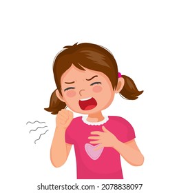 Little girl coughing feeling unwell holding her chest as symptom for cold or bronchitis.