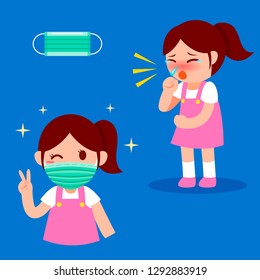 Little girl coughing and use protective mask set. Hygienic mask.