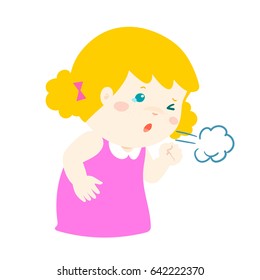 Little girl coughing vector cartoon illustration.