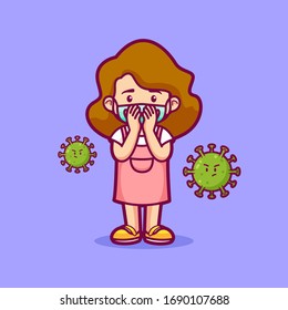 Little girl coughing and wearing safety mask surrounded by virus, vector illustration