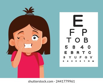 
Little Girl Covering One Eye taking Vision Test Vector Illustration. Kid having her vision tested in an ophthalmology clinic
