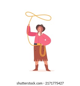 Little Girl In Cowboy Costume And Hat Spinning Lasso Isolated On White Background. Kid Wear Traditional Wild West Suit, Preteen Child Character Western Personage. Cartoon People Vector Illustration