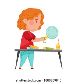 Little Girl Crafting Cutting Out Baking Cup with Scissors Vector Illustration
