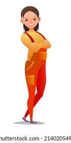Little girl craftsman. Teen in apron. Master in workwear. Cheerful person. Standing pose. Cartoon comic style flat design. Single character. Illustration isolated on white background. Vector.