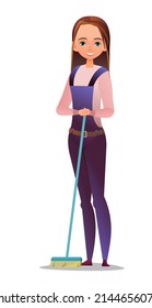 Little girl craftsman. Teen in apron. Master in workwear. Cheerful person. Standing pose. Cartoon comic style flat design. Single character. Illustration isolated on white background. Vector.