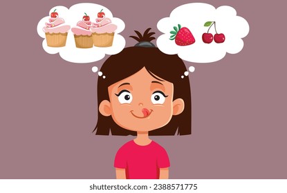 
Niña pequeña ansiosa por algo dulce vectorial ilustración. Un niño pequeño con diente dulce quiere desierto y se siente confundido 
