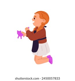 Little girl creates dough figure. Cute kid in apron sculpt, shaping with plasticine. Happy child hold toy in hand, plays. Children develop fine motor skills. Flat isolated vector illustration on white