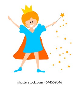 Little girl in the crown and with a magic wand on a white background. A young enchantress princess conjures a magic wand. Vector illustration