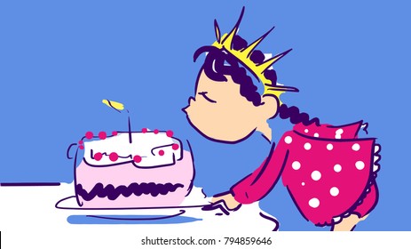 Little Girl With The Crown On Her Head Blows A Candle On A Holiday Cake. Cartoon Vector Sketch.