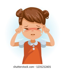 Little girl crying . Children's mood on sad regret. kid facial sad. Tears and shivering shoulders. Vector illustrations isolated on white background.